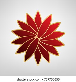 Flower sign. Vector. Red icon on gold sticker at light gray background.