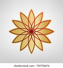 Flower sign. Vector. Red icon on gold sticker at light gray background.