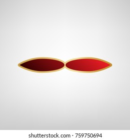 Flower sign. Vector. Red icon on gold sticker at light gray background.