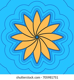 Flower sign. Vector. Sand color icon with black contour and equidistant blue contours like field at sky blue background. Like waves on map - island in ocean or sea.