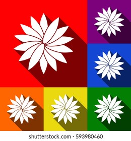 Flower sign. Vector. Set of icons with flat shadows at red, orange, yellow, green, blue and violet background.