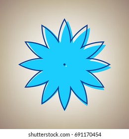 Flower sign. Vector. Sky blue icon with defected blue contour on beige background.