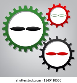 Flower sign. Vector. Three connected gears with icons at grayish background.