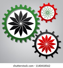 Flower sign. Vector. Three connected gears with icons at grayish background.