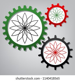 Flower sign. Vector. Three connected gears with icons at grayish background.