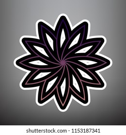 Flower sign. Vector. Violet gradient icon with black and white linear edges at gray background.