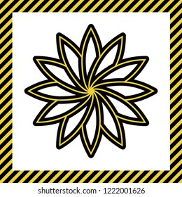 Flower sign. Vector. Warm yellow icon with black contour in frame named as under construction at white background. Isolated.