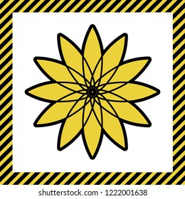 Flower sign. Vector. Warm yellow icon with black contour in frame named as under construction at white background. Isolated.