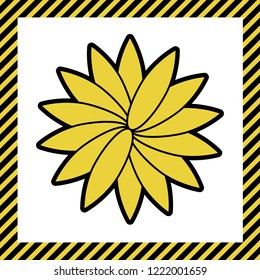 Flower sign. Vector. Warm yellow icon with black contour in frame named as under construction at white background. Isolated.