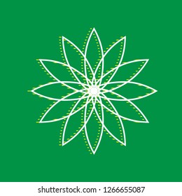Flower sign. Vector. White flat icon with yellow striped shadow at green background.