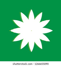 Flower sign. Vector. White flat icon with yellow striped shadow at green background.