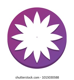 Flower sign. Vector. White icon with flat shadow on purpureus circle at white background. Isolated.