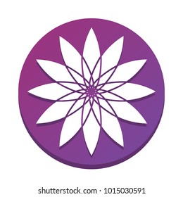 Flower sign. Vector. White icon with flat shadow on purpureus circle at white background. Isolated.