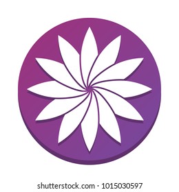 Flower sign. Vector. White icon with flat shadow on purpureus circle at white background. Isolated.