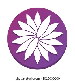 Flower sign. Vector. White icon with flat shadow on purpureus circle at white background. Isolated.