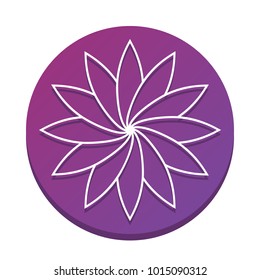 Flower sign. Vector. White icon with flat shadow on purpureus circle at white background. Isolated.