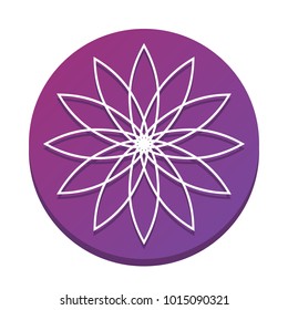 Flower sign. Vector. White icon with flat shadow on purpureus circle at white background. Isolated.