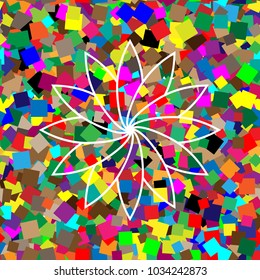Flower sign. Vector. White icon on colorful background with seamless pattern from squares.