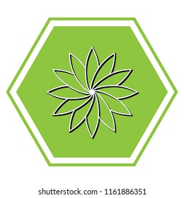 Flower sign. Vector. White icon with black shadow at yellow green honeycomb on white background.