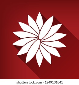 Flower sign. Vector. White icon with limitless shadow at ruby red background.