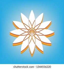 Flower sign. Vector. White icon with 3d warm-colored gradient body at sky blue background.