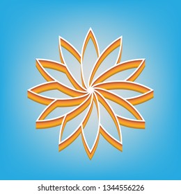 Flower sign. Vector. White icon with 3d warm-colored gradient body at sky blue background.
