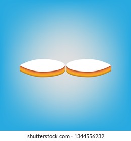Flower sign. Vector. White icon with 3d warm-colored gradient body at sky blue background.