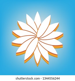 Flower sign. Vector. White icon with 3d warm-colored gradient body at sky blue background.
