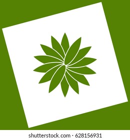 Flower sign. Vector. White icon obtained as a result of subtraction rotated square and path. Avocado background.