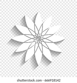Flower sign. Vector. White icon with soft shadow on transparent background.