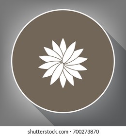 Flower sign. Vector. White icon on brown circle with white contour and long shadow at gray background. Like top view on postament.