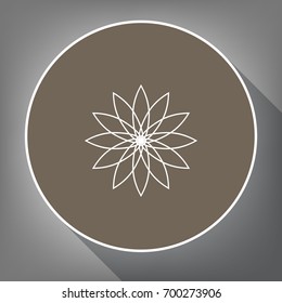 Flower sign. Vector. White icon on brown circle with white contour and long shadow at gray background. Like top view on postament.