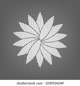 Flower sign. Vector. White knitted icon on gray knitted background. Isolated.