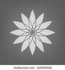 Flower sign. Vector. White knitted icon on gray knitted background. Isolated.