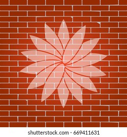 Flower sign. Vector. Whitish icon on brick wall as background.