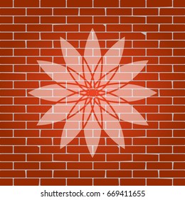 Flower sign. Vector. Whitish icon on brick wall as background.