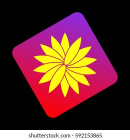 Flower sign. Vector. Yellow icon at violet-red gradient square with rounded corners rotated for dynamics on black background.