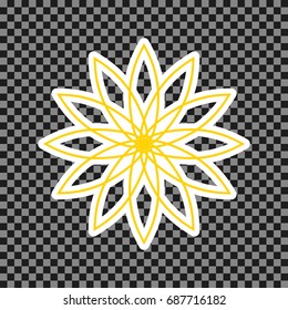 Flower sign. Vector. Yellow icon with white contour on dark transparent background.