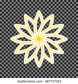 Flower sign. Vector. Yellow icon with white contour on dark transparent background.