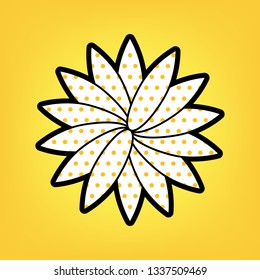 Flower sign. Vector. Yellow polka dot white icon with black contour at warm yellow background.