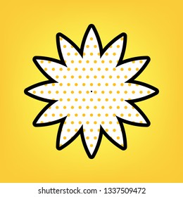 Flower sign. Vector. Yellow polka dot white icon with black contour at warm yellow background.