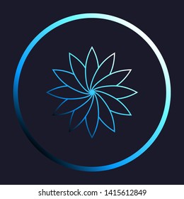 Flower sign. White, cyan and blue gradient icon as round button in white shell at dark blue background. Illustration.
