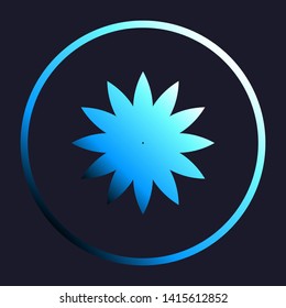 Flower sign. White, cyan and blue gradient icon as round button in white shell at dark blue background. Illustration.