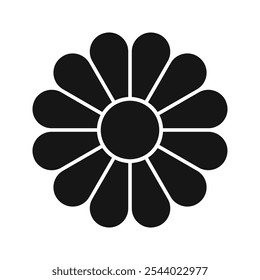 Silueta de flores con núcleo y 12 pétalos. Gráfico circular dividido en doce segmentos iguales en Formas de hojas aisladas sobre fondo blanco. Diagrama floral para la presentación de datos. Vector ilustración gráfica.