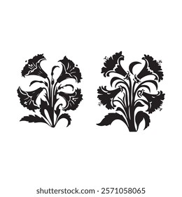 flower silhouette  et of flower plant design background tropical black summer graphic element set white floral