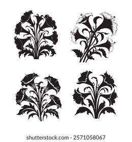 flower silhouette  et of flower plant design background tropical black summer graphic element set white floral