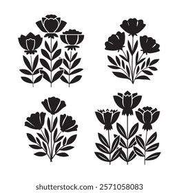 flower silhouette  et of flower plant design background tropical black summer graphic element set white floral