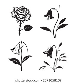 flower silhouette  et of flower plant design background tropical black summer graphic element set white floral