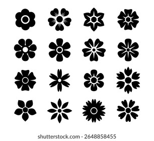 Flower Silhouette Icon Pack - Minimalist Black Vector Floral Symbols without Stems