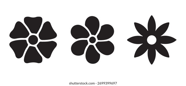 Flower Silhouette Icon Set. Rounded, Stylized, and Star Petal Designs.
